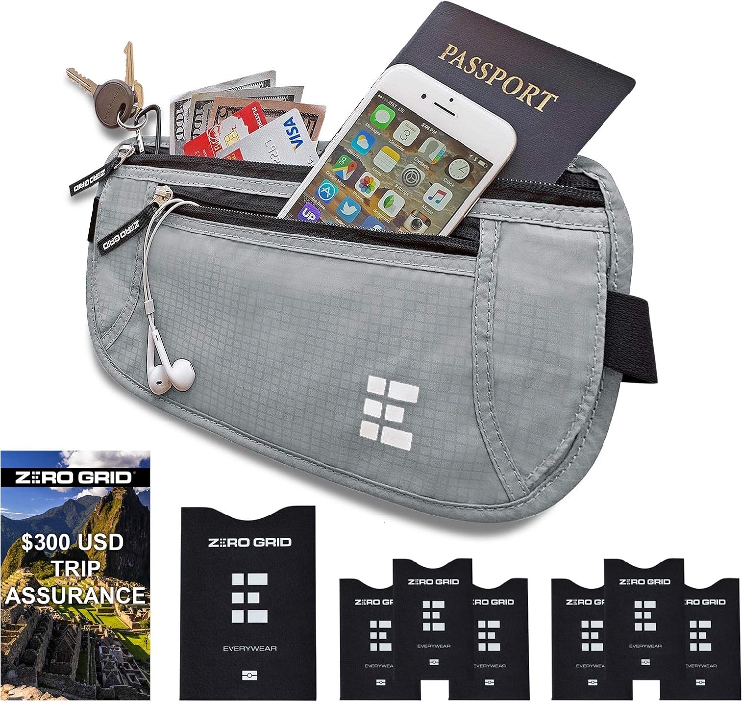 Zero Grid Money Belt w/RFID Blocking - Concealed Travel Wallet & Passport Holder: Clothing