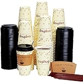 cuphug 100 Pack 16 oz Coffee Cups with Lids, To Go Paper Cups with Sleeves and Stirring Sticks, Insulated Disposable Coffee Cups for Hot/Cold Drinks
