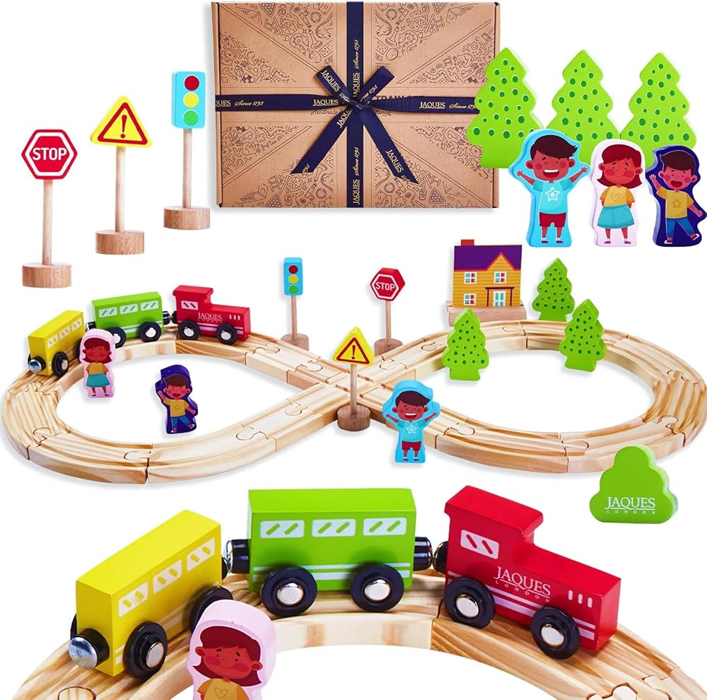 Jaques of London Train Set Wooden Toys 18 Track Pieces Gift Packaging