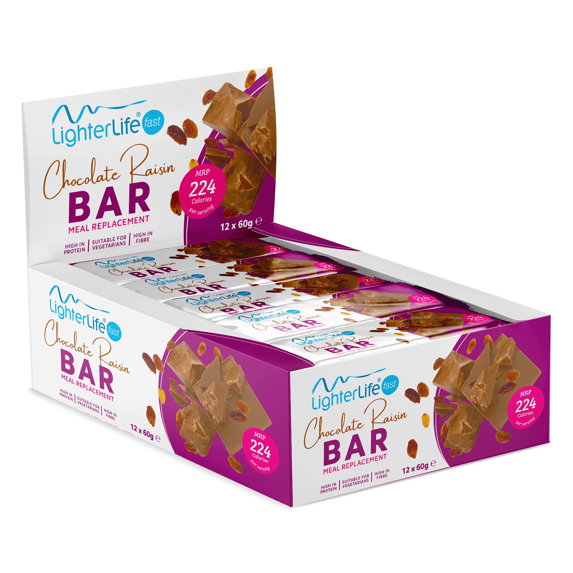 LighterLife Chocolate Rasin Bar, Weght Loss Meal Replacement Bar, High in Protein with 25% of RDA Vitamins and Minerals, Box of 12 x 60g Bars