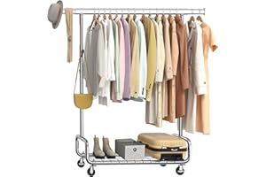 SONGMICS Clothes Rack, Heavy-Duty Rolling Clothing Garment Rack with Wheels, Extendable Hanging Rod and Adjustable Height, Portable, with Shelf and Hooks, Silver UHSR014E01