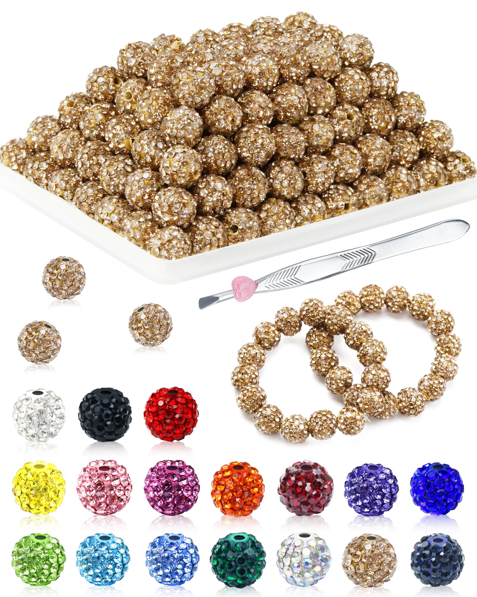 Photo 1 of 120PCS FIVEIZERO Rhinestone Beads for Jewelry Making, 10mm Light Brown Shiny Round Sparkle Crystal Clay Bead Bulk Sparkly Baseball Necklace Beads for Bracelets and DIY Crafts