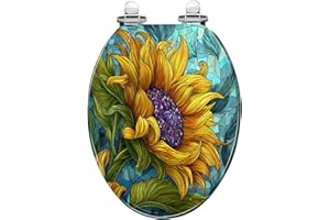 Elongated Toilet Seat Bright Yellow Sunflower Artwork Ethereal Glow Mosaic Center Quiet Close Strong Stainless Steel Hinges R