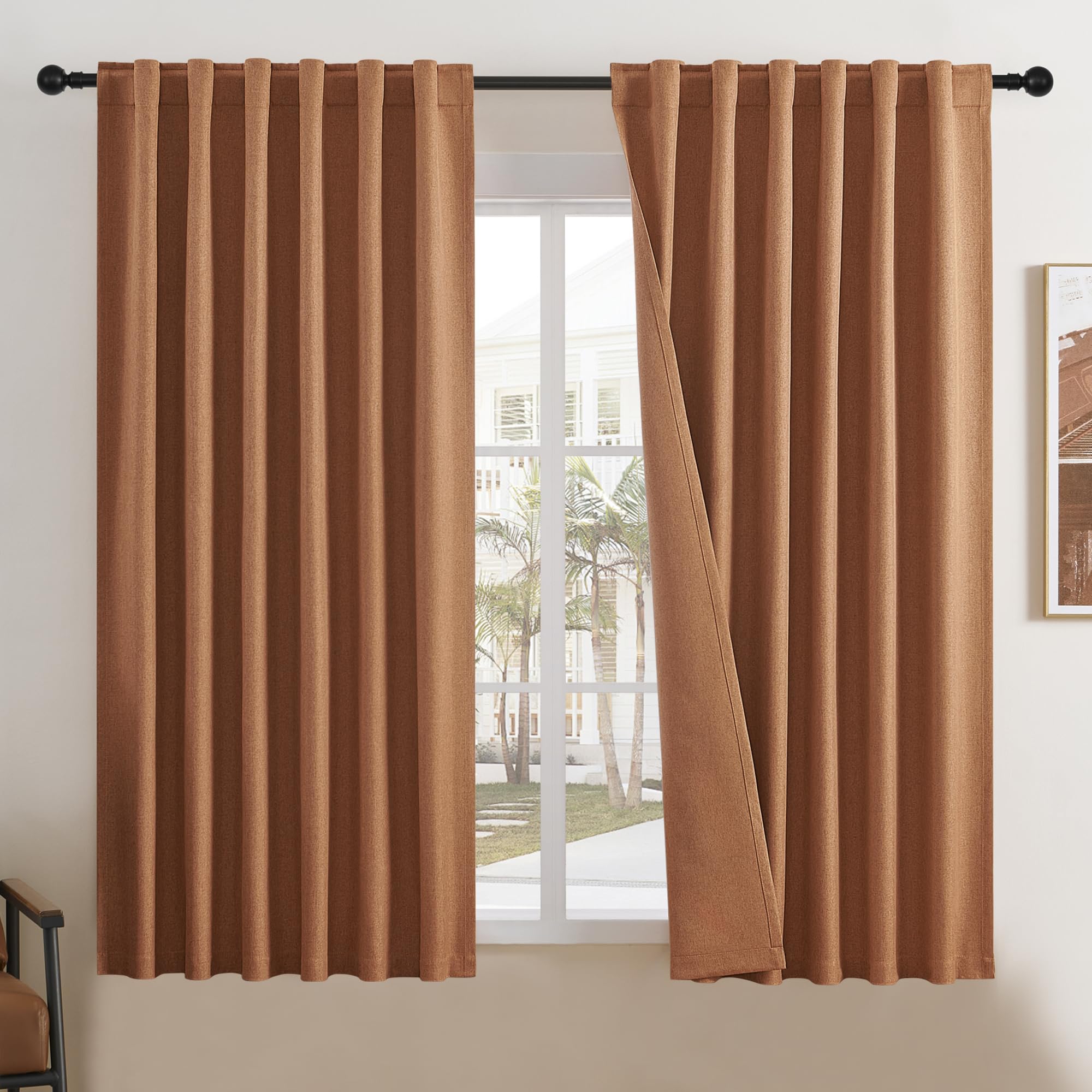 Photo 1 of DUALIFE Blackout Linen Curtains 2 Panels Set 63 Inch Length for Bedroom-Rod Pocket Back Tab Hook Belt Drapes Boho Fall D?or Mid Century Modern Curtains Burnt Orange W50 x L63