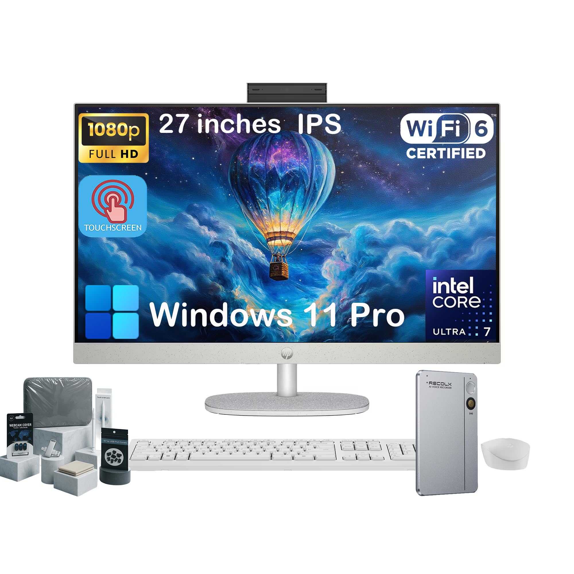 HP 27" Touch Screen All-in-One Desktop Computer PC - 32GB DDR5 RAM, 1TB SSD, Intel 12-Core Ultra 7 155U, Adjustable Angle, FHD IPS Touchscreen, Wireless KB&Mouse, Win11 Pro, RECOLX AI Voice Recorder Image