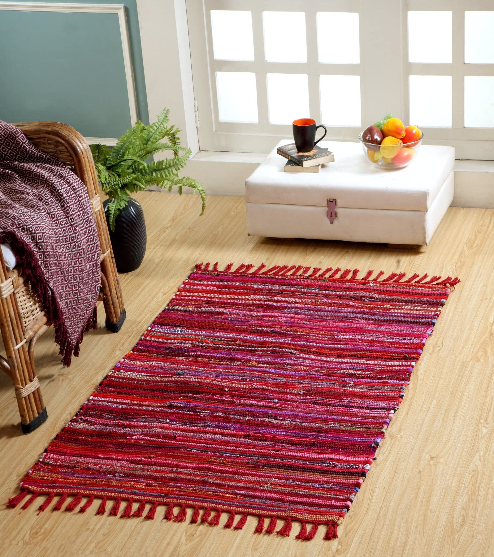 Second Nature Online Red Multi Colour Festival Rag Rug Medium Hand Made Reversible Mat GoodWeave Certified 90 cm x 150 cm