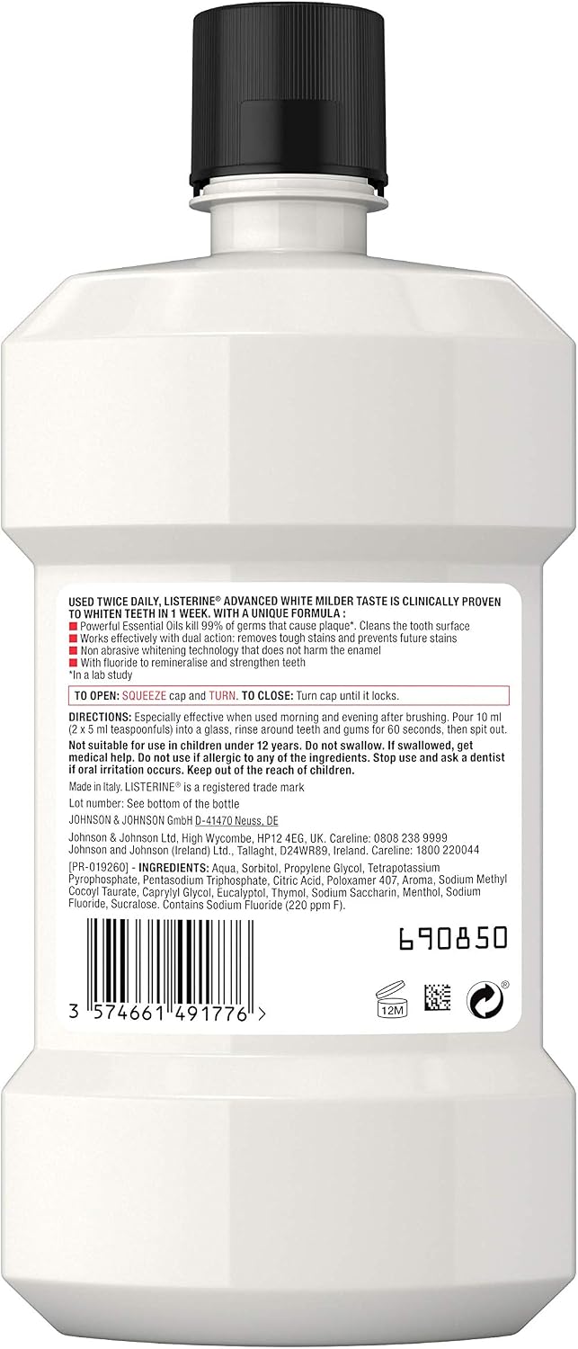 Listerine Advanced White Milder Taste (Zero Alcohol) Mouthwash (500ml) - Image 3
