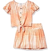 Speechless Girls' Tie Front Top and Short Skirt Set, Ivory/Orange, 16