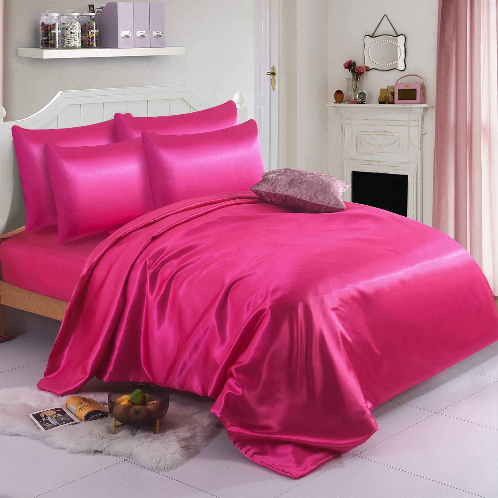 ZIMEL HOMES 4-Piece Satin Bedding Set – Soft, Silky & Shiny Bed Sheets – Includes Duvet Cover, Fitted Sheet & 2 Pillowcases (Fuchsia, Single)