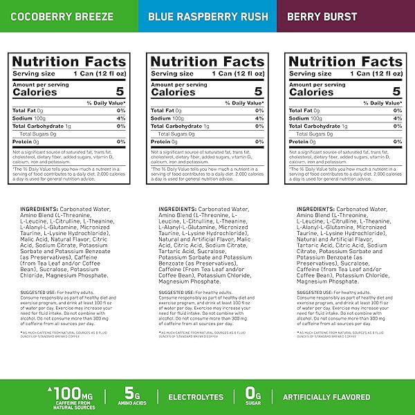 OPTIMUM NUTRITION AMINO ENERGY SPARKLING HYDRATION DRINK, ELECTROLYTES, CAFFEINE, AMINO ACIDS, BCAAS, SUGAR FREE, 12 FL OZ, BERRY VARIETY PACK OF 12 (PACKAGING MAY VARY)