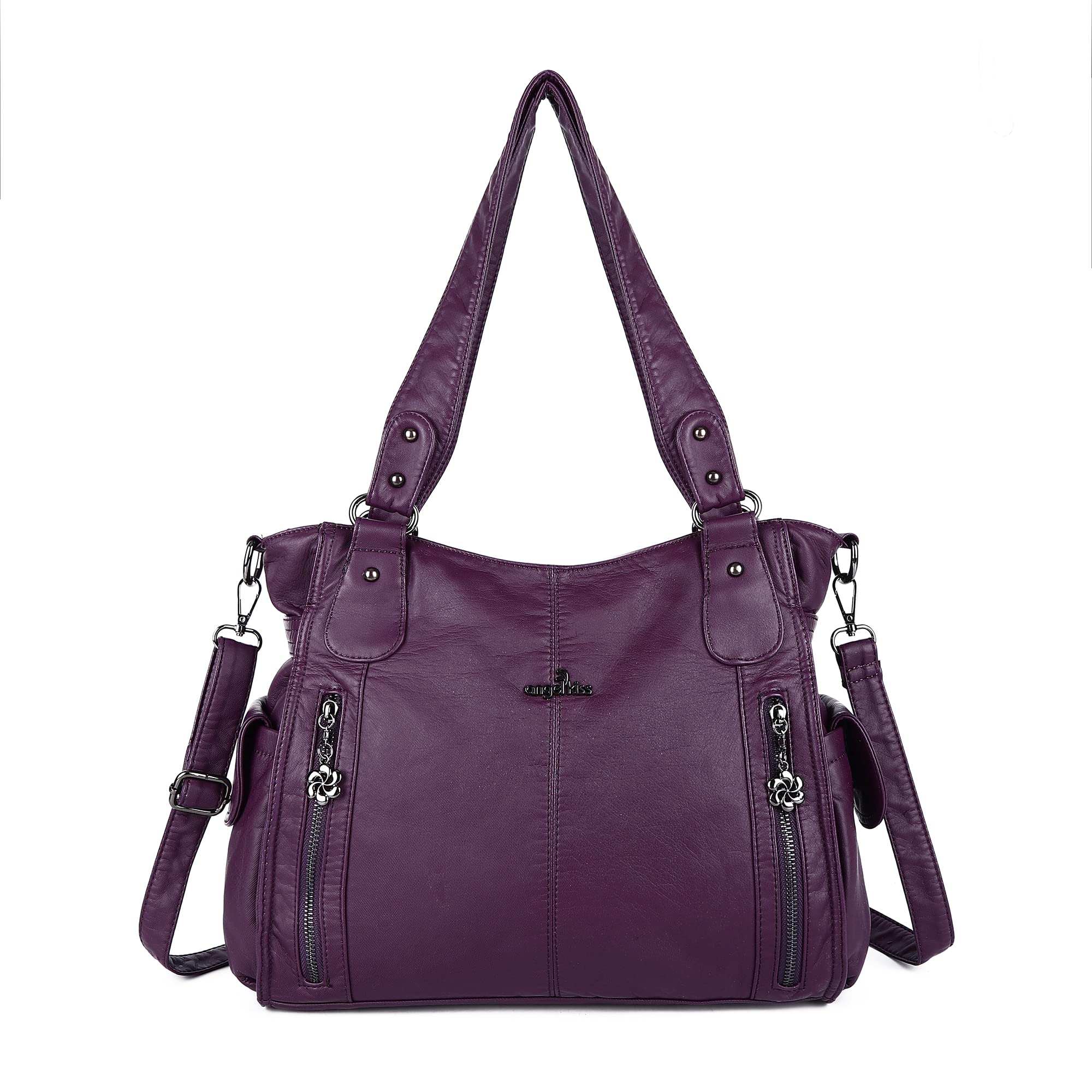 Angelkiss2 Women’s Large capacity Multi-pocket Functional Handbag/Purse/Crossbody Shoulder bag with soft washed Faux Leather 1193 (Purple)