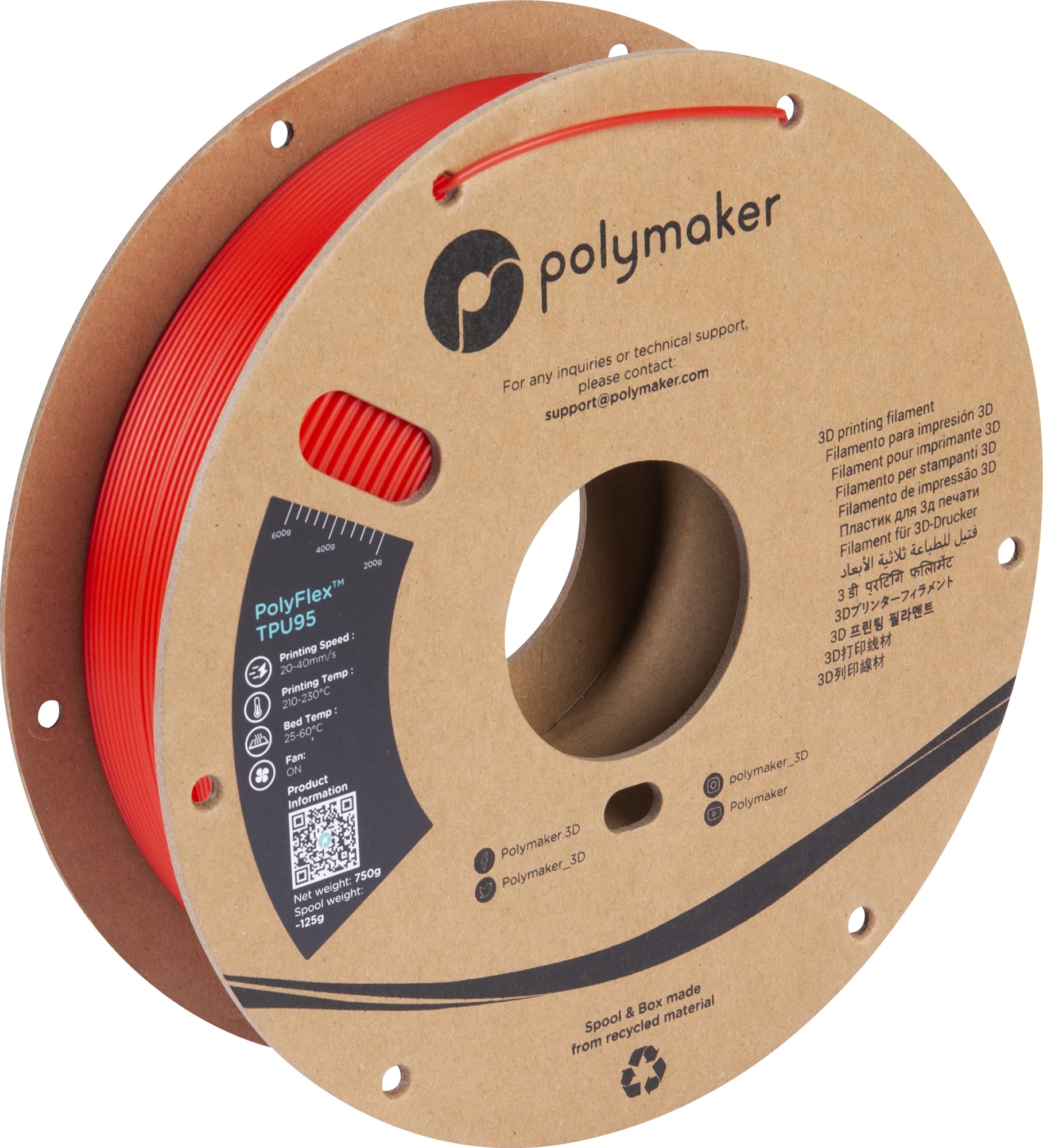 Polymaker TPU Filament 1.75mm Red, 0.75kg Shore 95A Flexible 3D Printer Filament 1.75mm - PolyFlex TPU95 3D Printing TPU Filament 0.75kg Red Soft Flexible Filament Image