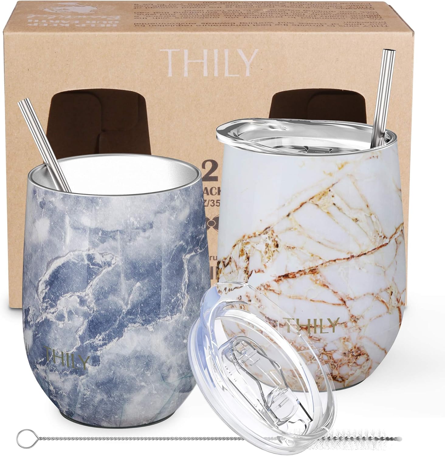Stainless Steel Insulated Wine Tumblers - THILY 12 oz Cute Travel Stemless Glasses with Sliding Lids and Metal Straws, Keep Hot or Cold for Wine, Coffee, Juice, 2 Pack(Gold Marble + Blue Marble)
