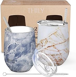 Stainless Steel Insulated Wine Tumblers - THILY 12 oz Cute Travel Stemless Glasses with Sliding Lids and Metal Straws, Keep Hot or Cold for Wine, Coffee, Juice, 2 Pack(Gold Marble + Blue Marble)