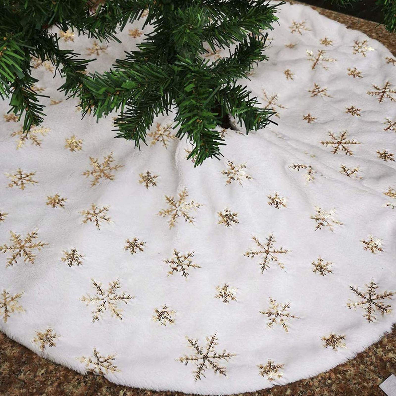 Pure White Christmas Tree Skirt with Gold Sequin Snowflakes, 48 inches Plush Faux Fur Xmas Tree Skirts Base Cover for New Year Thanksgiving Day Home Party Decoration (Gold, 48 inches)