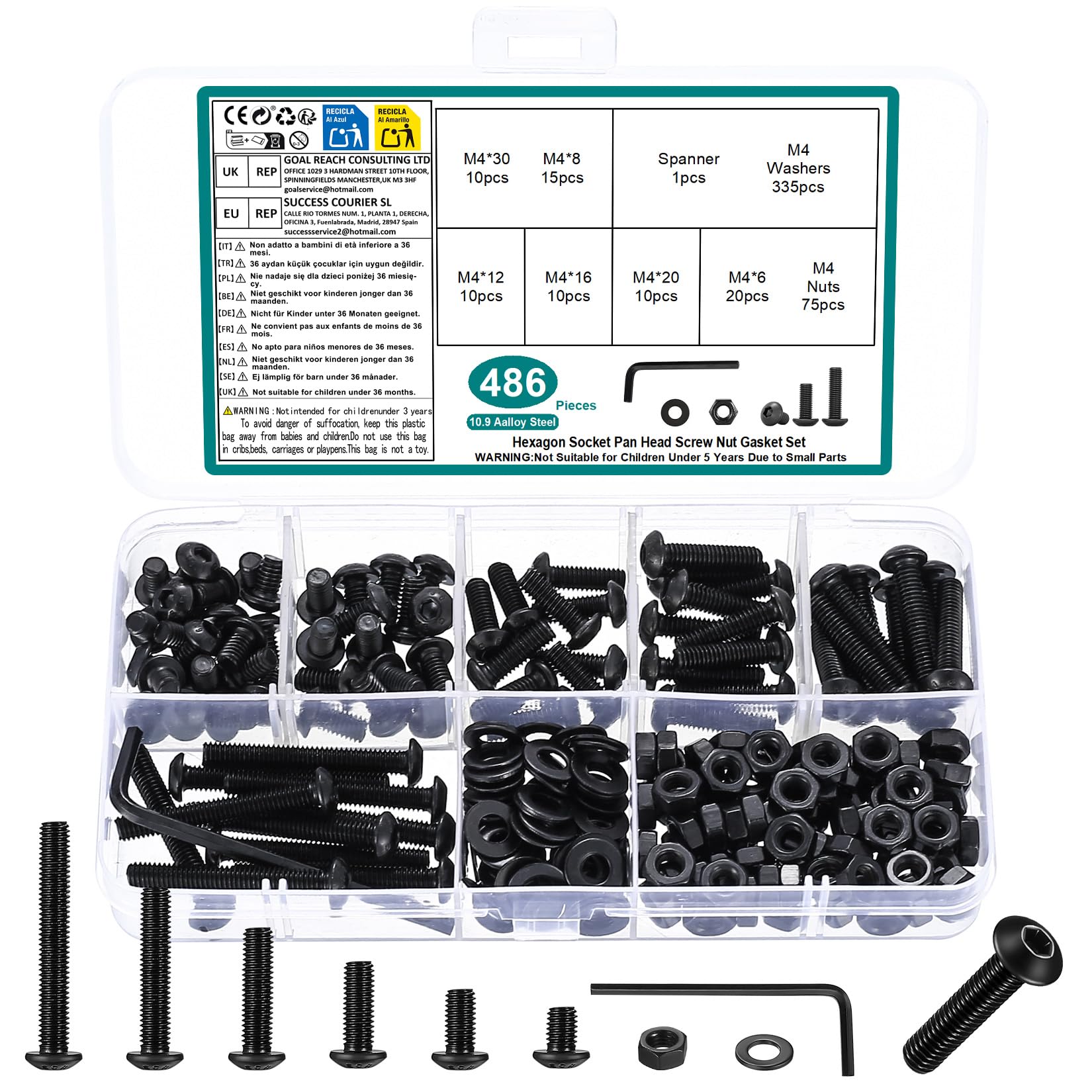 Photo 1 of 486 Pcs M4 Screws Assortment Kit, Metric Nuts and Bolts Assortment Kit, Hex Socket Button Head Cap Screw Bolts and Nuts Kits, Hex Socket Screw Set, Machine Screws Set, with Spanner(Black)