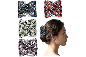 Beaded Hair Clip 4 Pack, Floral Hair Accessories for Women Stretch Elastic Double Comb Clip for Easy Hairstyling