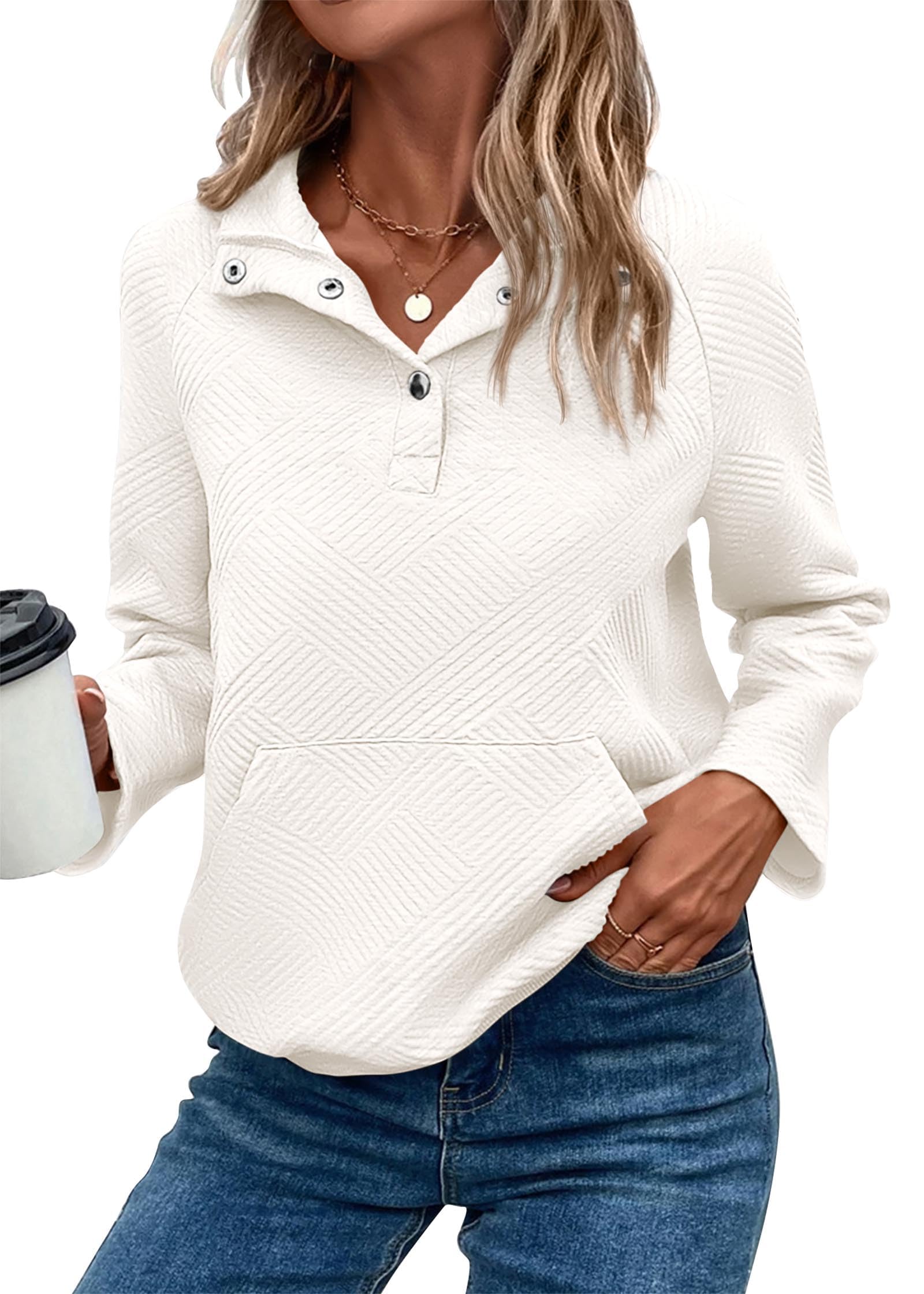 KIRUNDO Womens Sweatshirt Casual Textured Long Sleeve Henley Button V Neck Loose Pullover 2025 Trendy Fall Outfits Tops(White, Large)