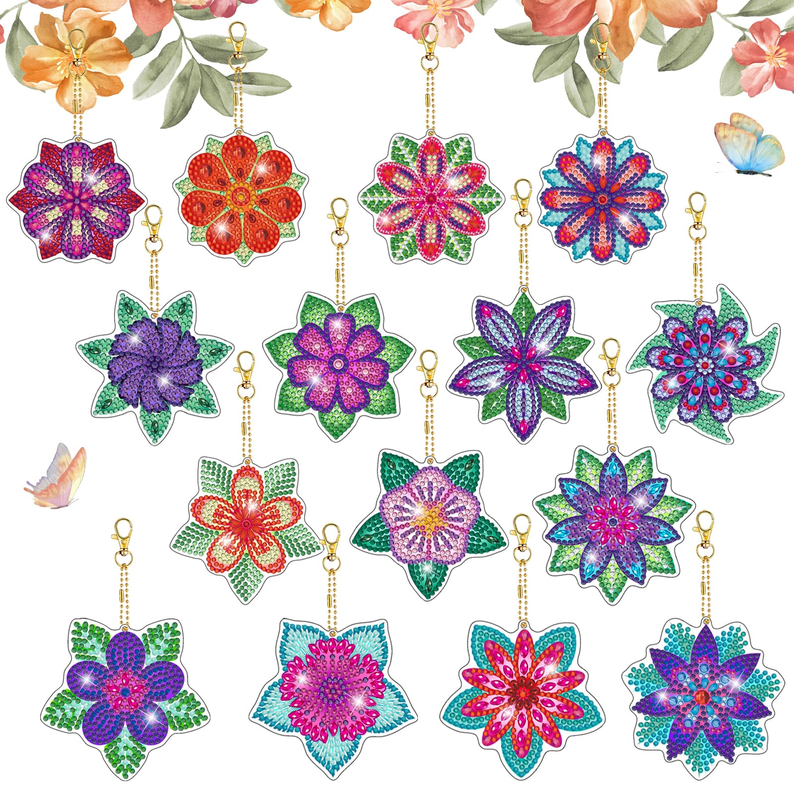 Jodsen 15 Pcs Diamond Art Keyrings Kits, 5D DIY Flower Painting Keyrings Kit Acrylic, Diamond Paintings Keychain for Beginners With Tools