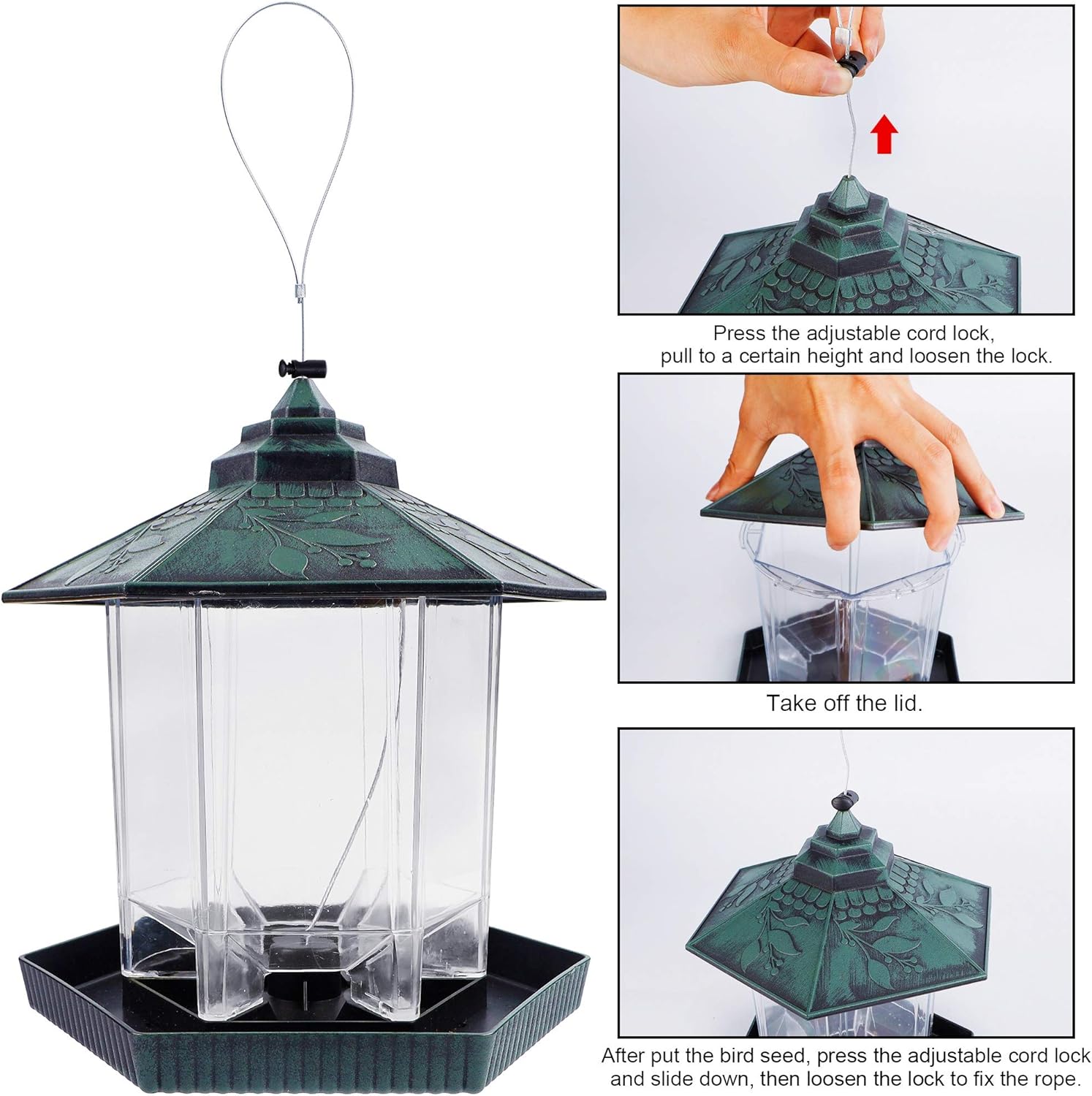 Twinkle Star Wild Bird Feeder, Outdoor Hanging for Garden Yard Decoration, Antique Finish Panorama Gazebo Birdfeeder, Hexagon Shaped with Roof, Green : Garden & Outdoor