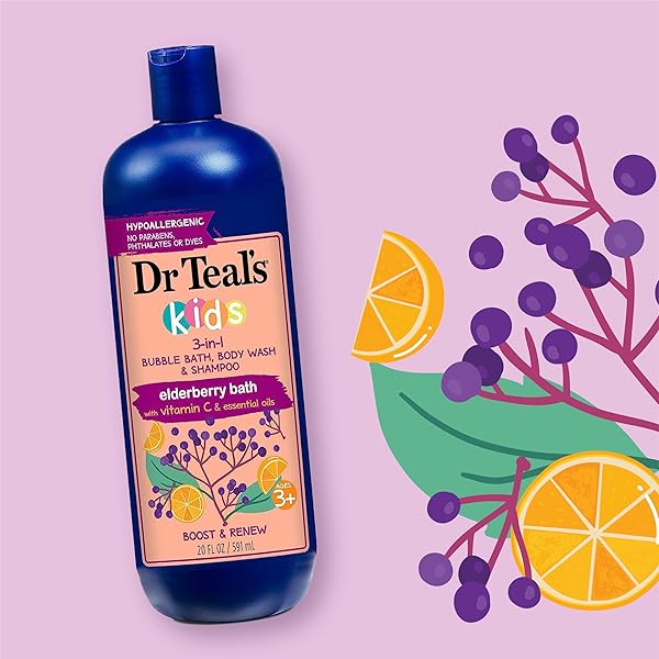 DR TEAL’S KIDS 3-IN-1 BUBBLE BATH, BODY WASH & SHAMPOO, BOOST & RENEW ELDERBERRY WITH VITAMIN C, 20 FL OZ. (PACK OF 3)