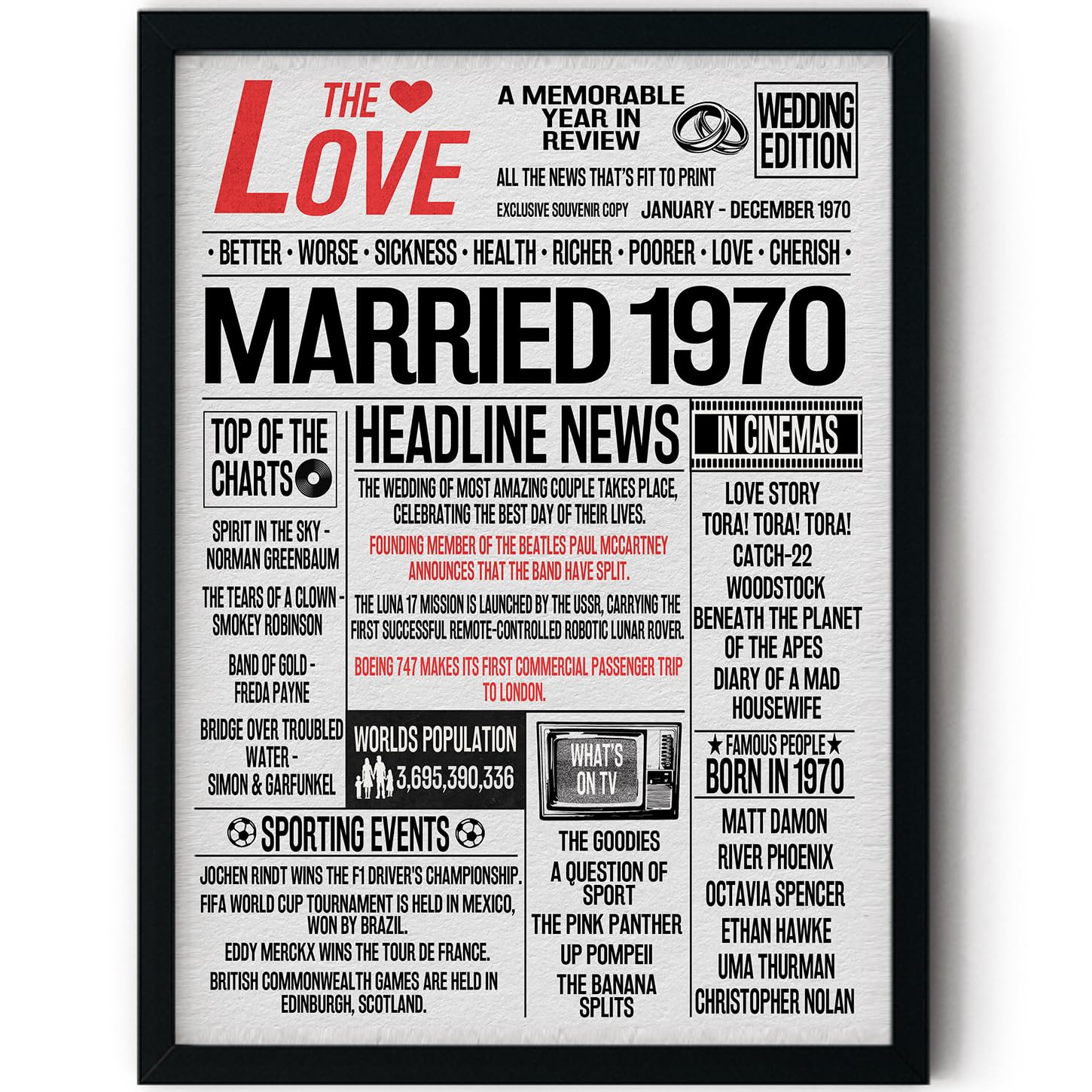 Stuff4 56th Anniversary Poster Framed - Married In 1970 Newspaper - Happy 56th Wedding Anniversary for Men Women Vintage Gifts Retro Back In 1970, 8x10 Inch Anniversaries Posters