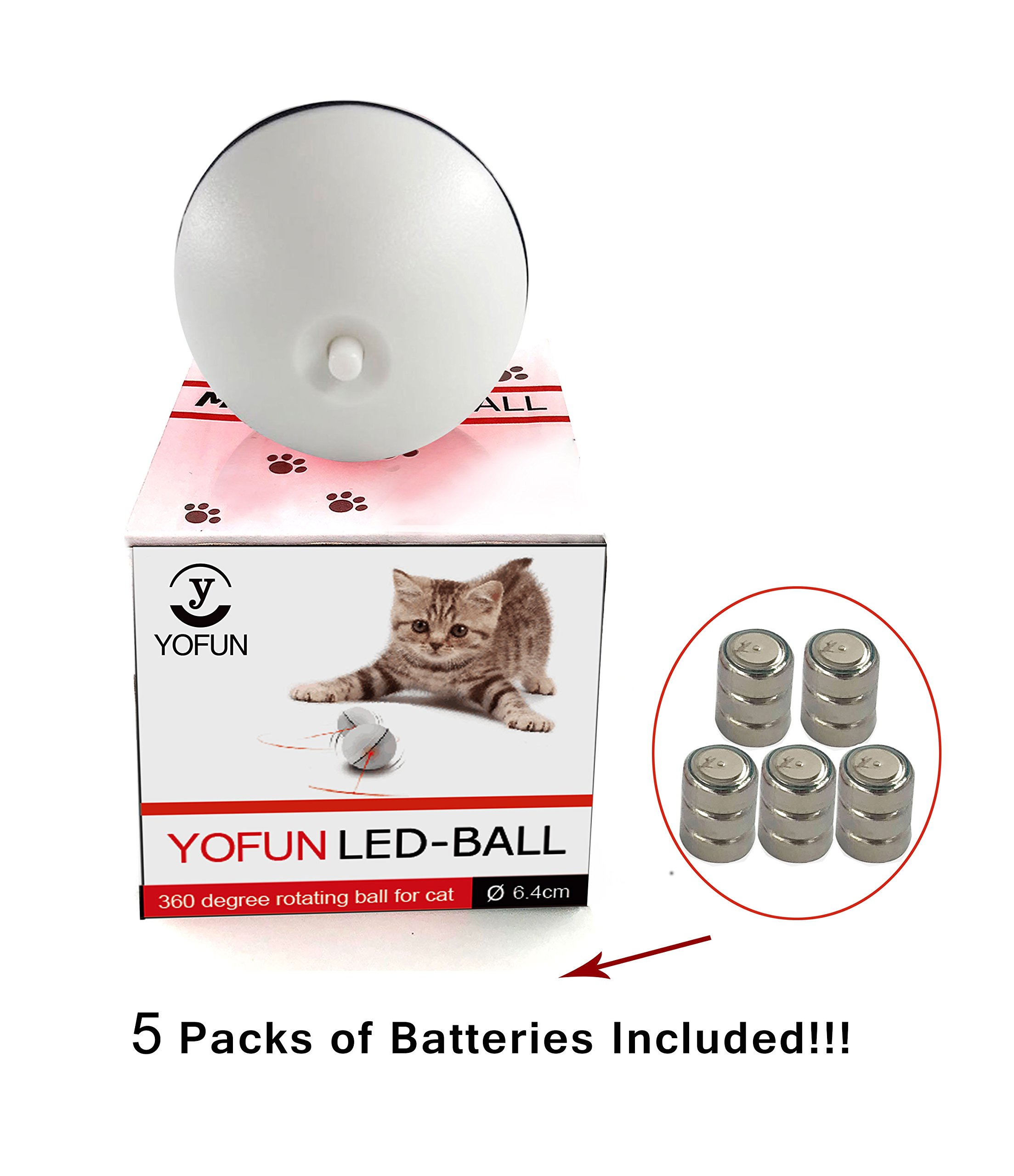 Interactive Cat Toy - 360 Degree Self Rotating Ball Automatic Light Toy For Pet, White and Pink(Batteries Included) (White)