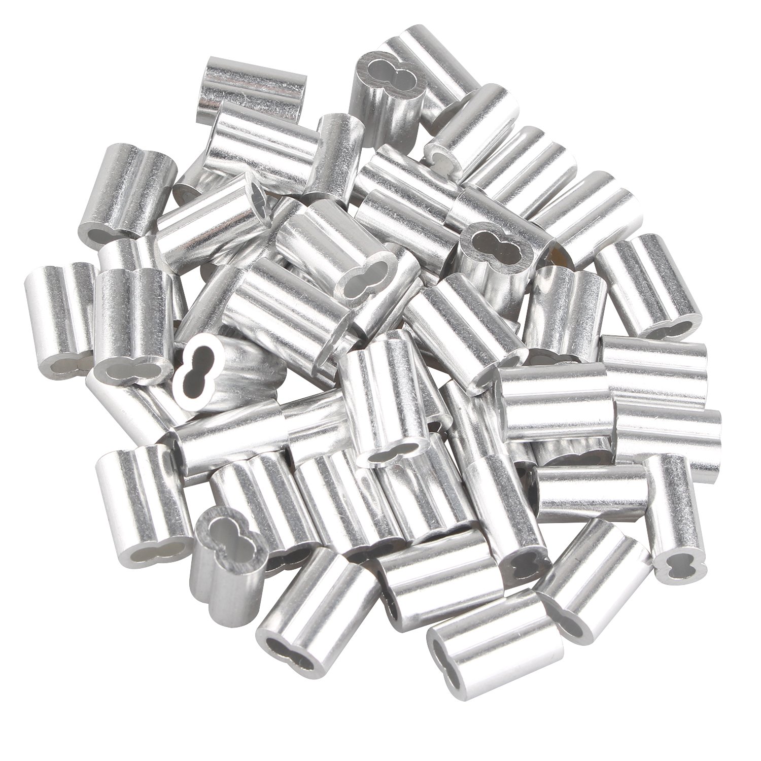 Futheda 50 pcs Aluminum Crimping Loop Sleeve Clips with Double Ferrules/Holes for 3.0mm Cable Wire Rope Silver Tone