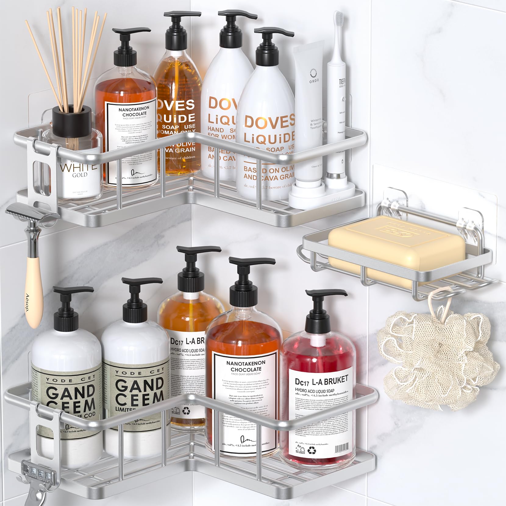 Photo 1 of YASONIC Corner Shower Caddy Organizer, Self-Adhesive Rustproof Bath Shelves with Soap Holder & 4 Hooks, Large Capacity Shower Storage Rack for Bathroom Organization, (3Pack, Silver)