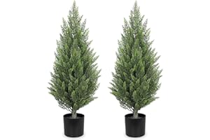 Briful 3ft Cedar Topiary Trees Artificial Outdoor Set of 2, Realistic Faux Cedar Pines with Pots, UV Resistant Christmas Greenery for Holiday Decor, Indoor Farmhouse Entryway Patio Door Plants