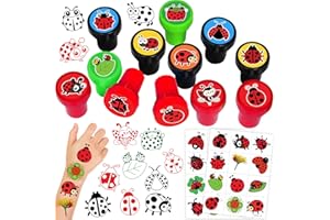 INKSOMOBA 36PCS Ladybug Party Favors - 24PCS Pre-Cut Temporary Tattoos & 12PCS Stamps - Ideal Black Red Polka Dots Themed Birthday Card Decorations Supplies Goodie Bag Kids Gifts Classroom Rewards Prizes
