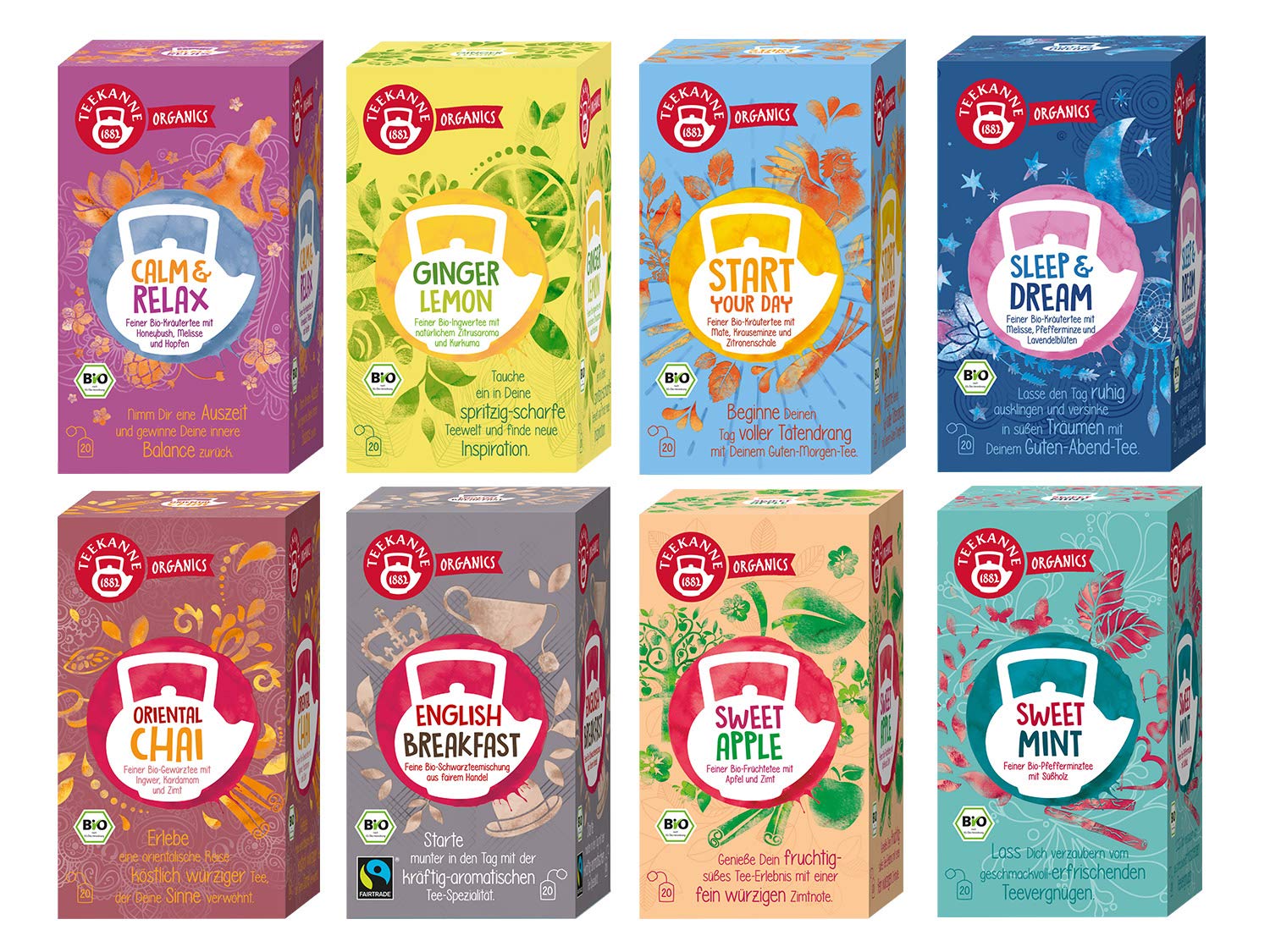 Teekanne Organics Tee 8er Set Ginger Lemon Start Your Day Sleep Dream Calm Und Relax Oriental Chai English Breakfast Sweet Apple Und Sweet Mint 8 X 20 Doppelkammerbeutel 288 G Amazon De Lebensmittel