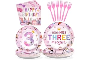 Grencian 96 Pcs Makeup Birthday Decorations Pink 3rd Spa Themed Birthday Party Supplies Plates and Napkins Disposable Little Miss Three Paper Plates 3rd Party Decorations for Girls Serves 24