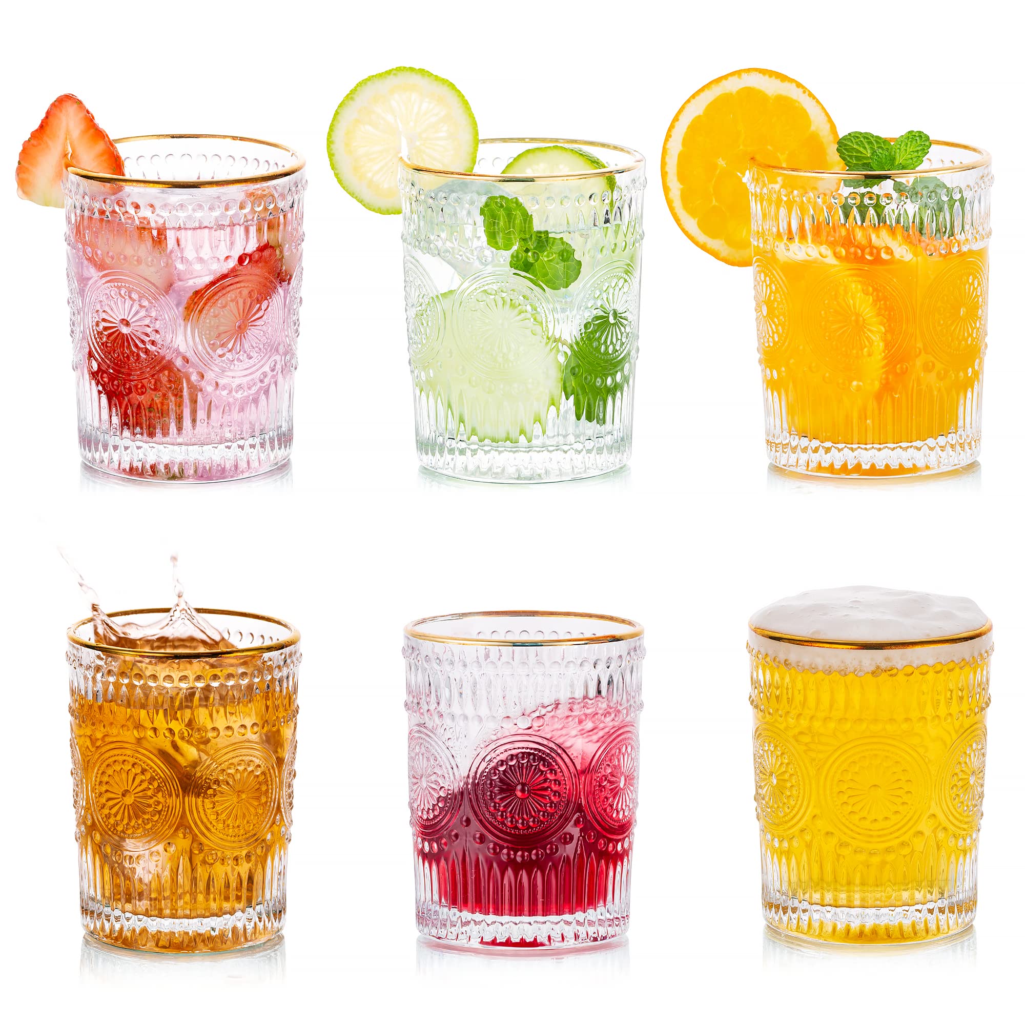 Water Glasses Drinking 300ML Gold Rim Vintage Tumblers Glass Set of 6 Tall Highball Glass for Juice Coffee Tea for Party, Bar
