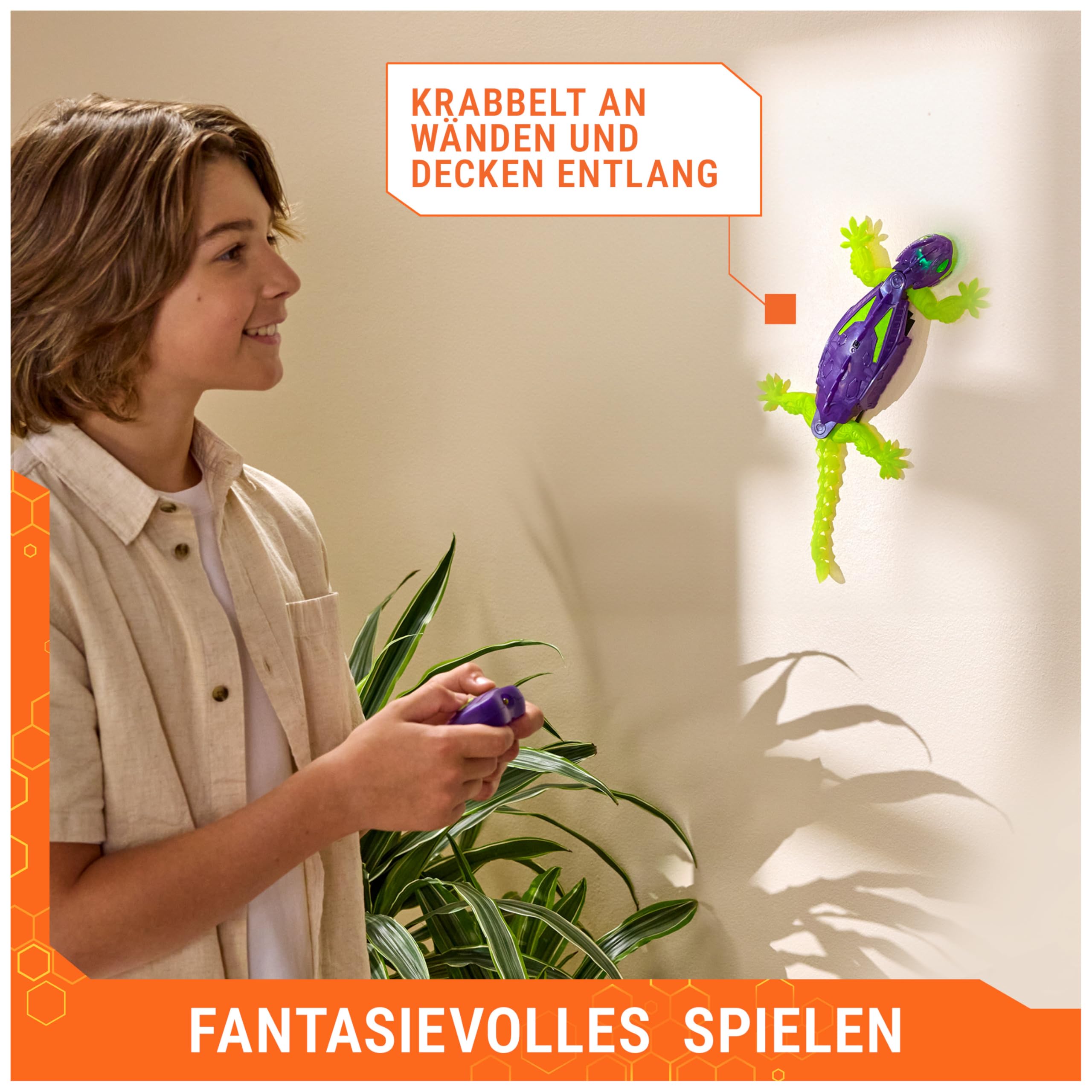Hex Bots – Wandflitzer Gecko Glow-in-the Dark, RC-Gecko mit LED-Augen & Glow-in-the-Dark-Beinen, das ferngesteuerte Tier klettert an Wänden & Decken, inkl. Fernbedienung, für Kinder ab 4 Jahren 4