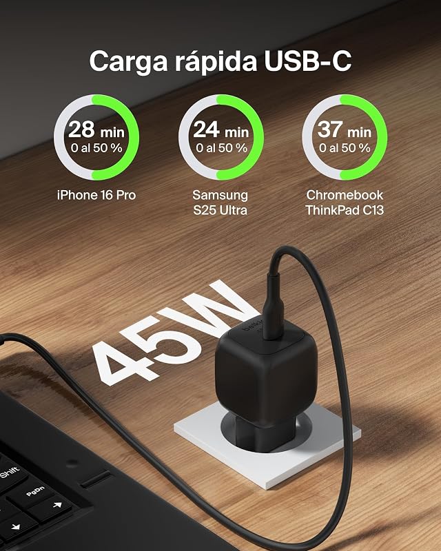 Carregador Rápido Compacto de 45W, Entrega de Energia USB-C para Apple iPhone 17, iPhone 16, Série iPhone 15, Samsung Galaxy S25, Pixel 10, iPad, AirPods e outros - Preto