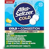 Alka-Seltzer Cold, Cold + Congestion Severe Night Fast Dissolve Tablets, Medicine, Multi-Symptom Relief, Body Aches and Pains, Congestion Relief, Lemon Flavor, 24 Count (Packaging May Vary)