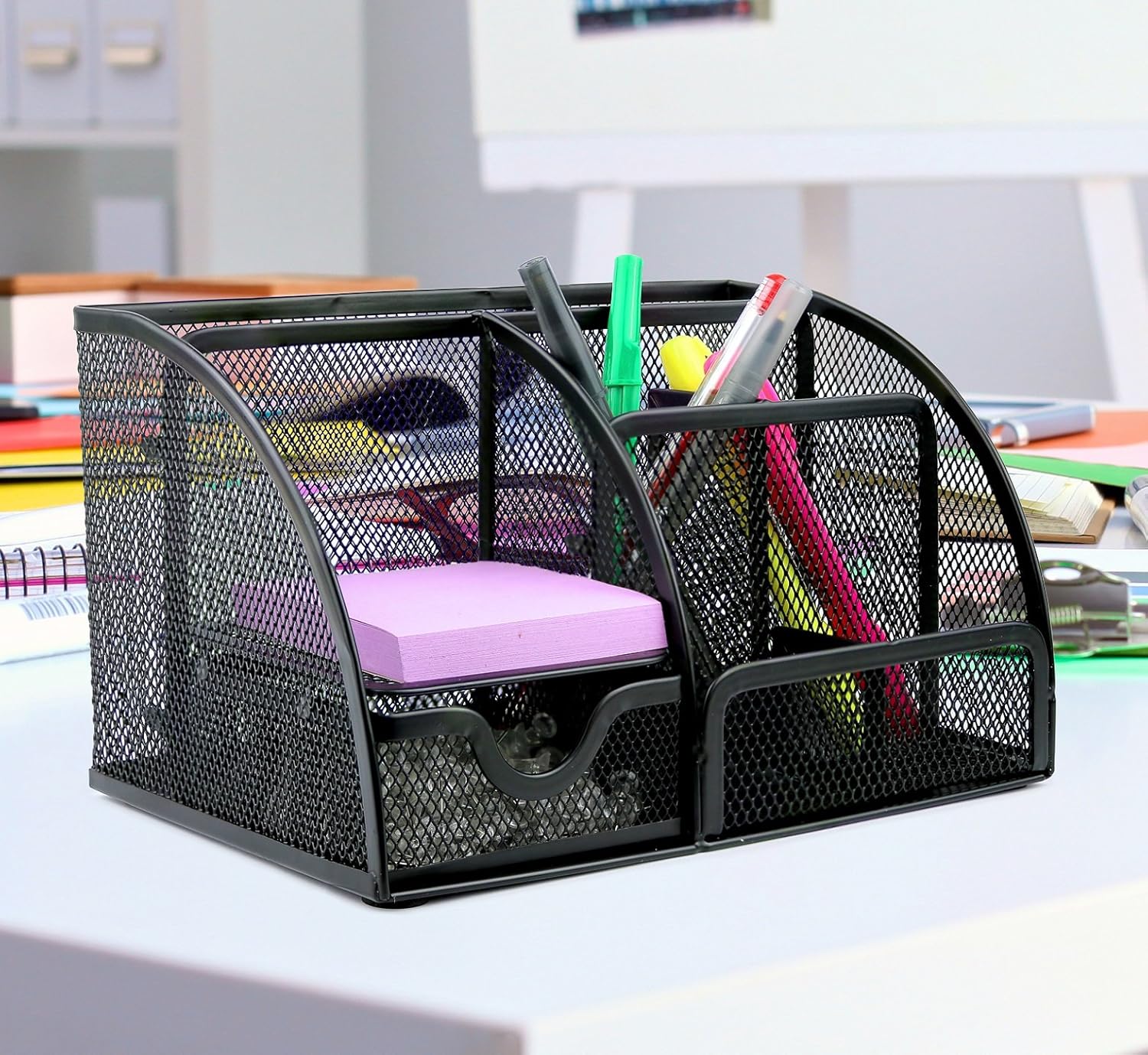 Greenco Mesh Office Supplies Desk Organizer Caddy, 6 Compartments, Black : Office Products