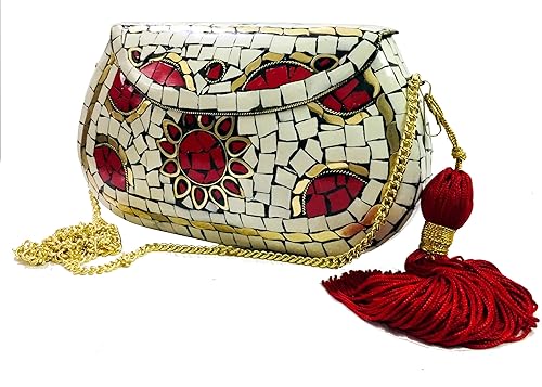 Trend Overseas white stone bag ethnic clutch indian antique purse mosaic bag metal bag clutch party clutch