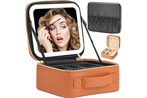 Extrei Gent Makeup Travel Train Case with Mirror LED Light 3 Adjustable Brightness Cosmetic Bag Portable Storage Adjustable Partition Waterproof Makeup Brushes Makeup Jewelry Gift for Women (Brown)