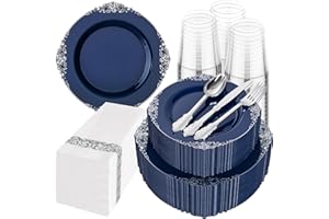 Hioasis 350pcs Blue and Silver Plastic Plates - Elegant Disposable Dinnerware Set Suitable for 50 Guests Include 10.25" Dinner & 7.5" Dessert Plates, Cutlery, Napkins, Cups for Party