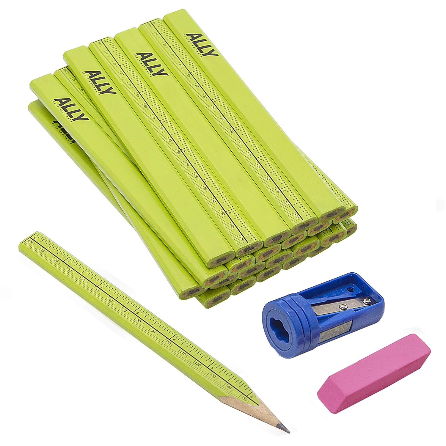 ALLY Tools 24 PC Neon Green Carpenter Pencil Kit with Printed Metric/Inch Ruler INCLUDES Sharpener and Pink Eraser Ideal For Precision Marking on Wood, Stone, and Concrete