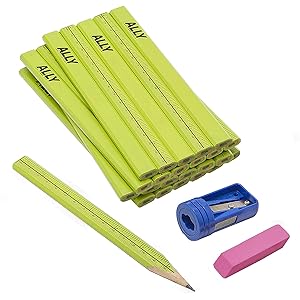 ALLY Tools 24 PC Neon Green Carpenter Pencil Kit with Printed Metric/Inch Ruler INCLUDES Sharpener and Pink Eraser Ideal For Precision Marking on Wood, Stone, and Concrete
