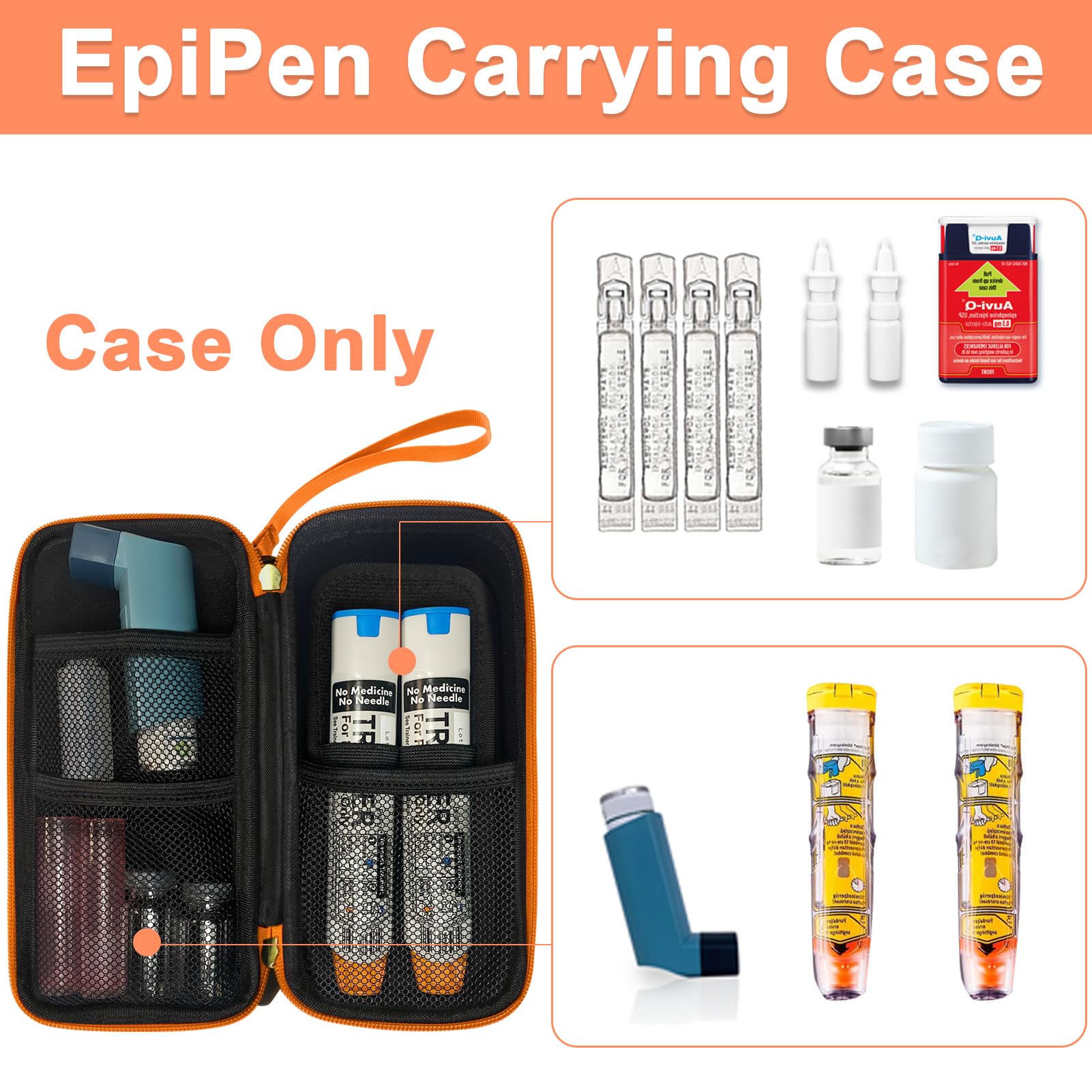 Klawdsky EpiPen Carry Case, Hard Emergency Medical Bag with Carabiner-for 2 EpiPens, Asthma Inhaler, Auvi-Q,Eye Drops,Anti-Histamine,Allergy Medication,Diabetes Travel Case for Adults (Normal Size)