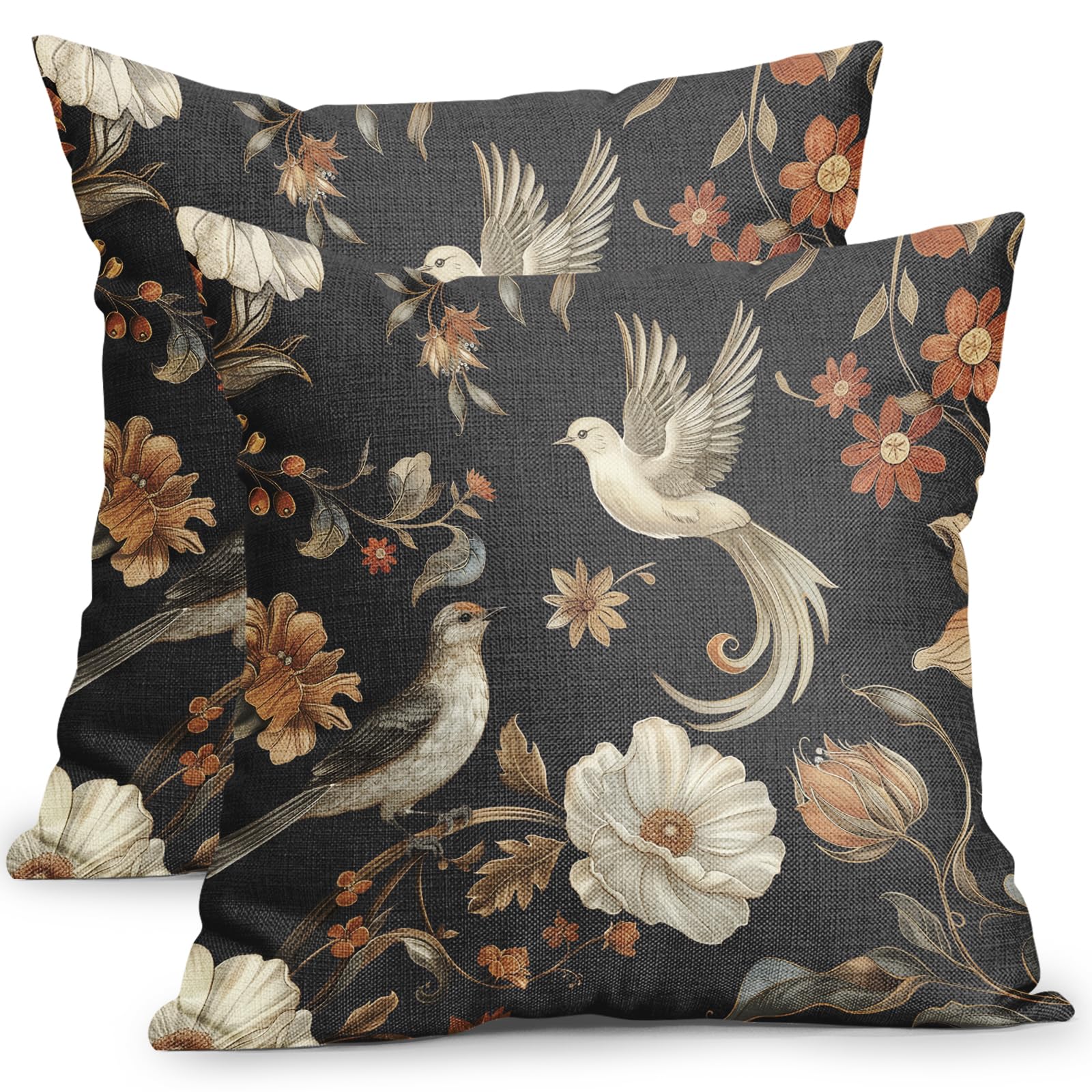 Photo 1 of Kawani Vintage Floral Pillow Covers 18x18 Inch Set of 2 Black Chinoiserie Flower and Bird Outdoor Decorative Throw Pillows 
