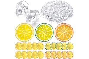 CANLIERR 300 Pieces Clear Fake Crushed Ice Cubes Rocks and 20 Pieces Simulation Lemon Slices, Artificial Fruits and Acrylic Diamonds Clear Ice for Vase Fillers Table Centerpiece Decor Wedding (2 x 0.4 Inch)