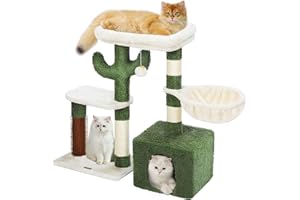 Hoopet Cat Tree,32 Inch Cute Cactus Cat Tower for Indoor Cats with Sisal Scratching Post, Cozy Condo, Hammock,Massage Brush,Plush Perch and Dangling Ball for Kittens
