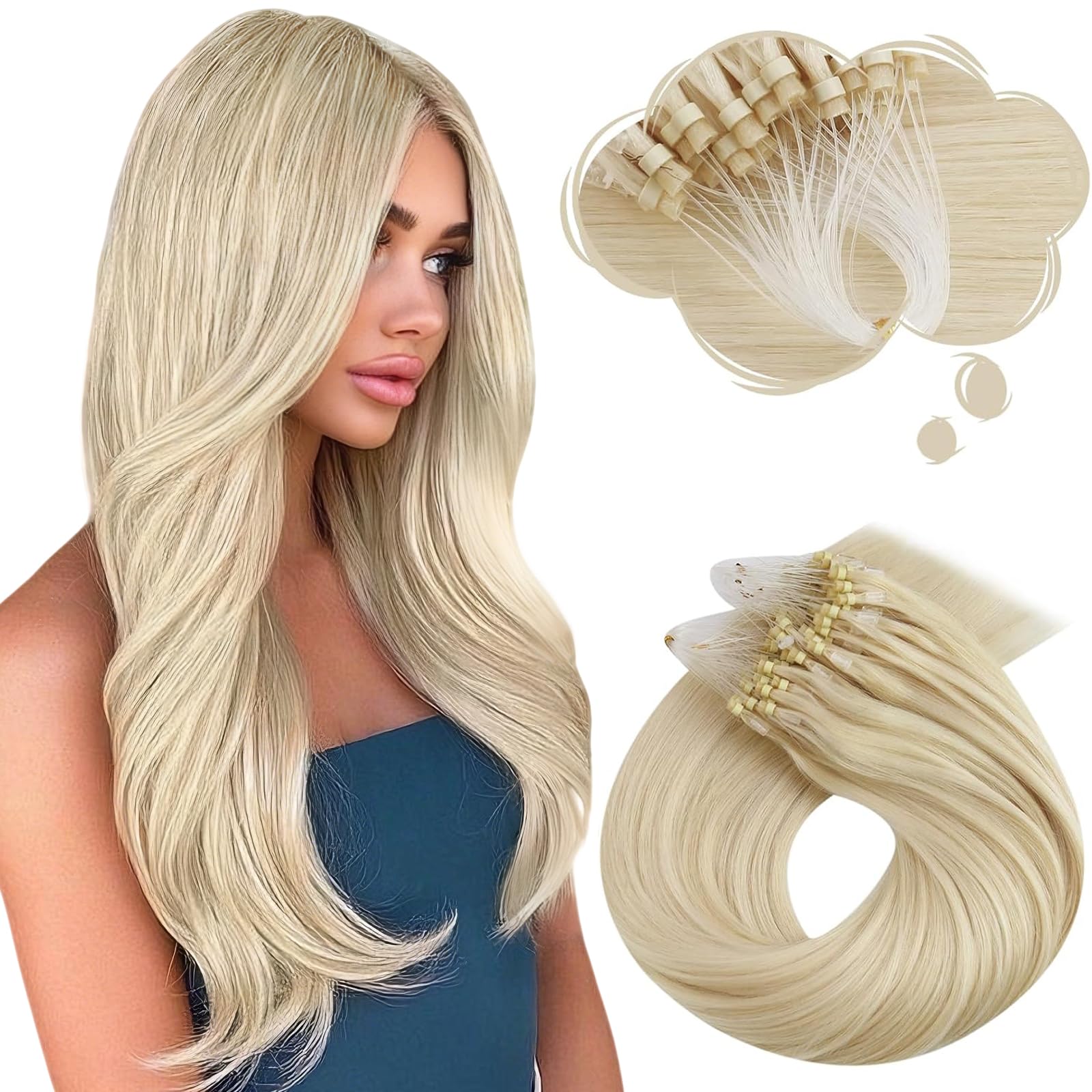 Moresoo Microloop Hair Extensions Real Human Hair 16 Inch Platinum Blonde Micro Bead Hair Extensions Real Human Hair Blonde 1g/s 50g/Pack #60