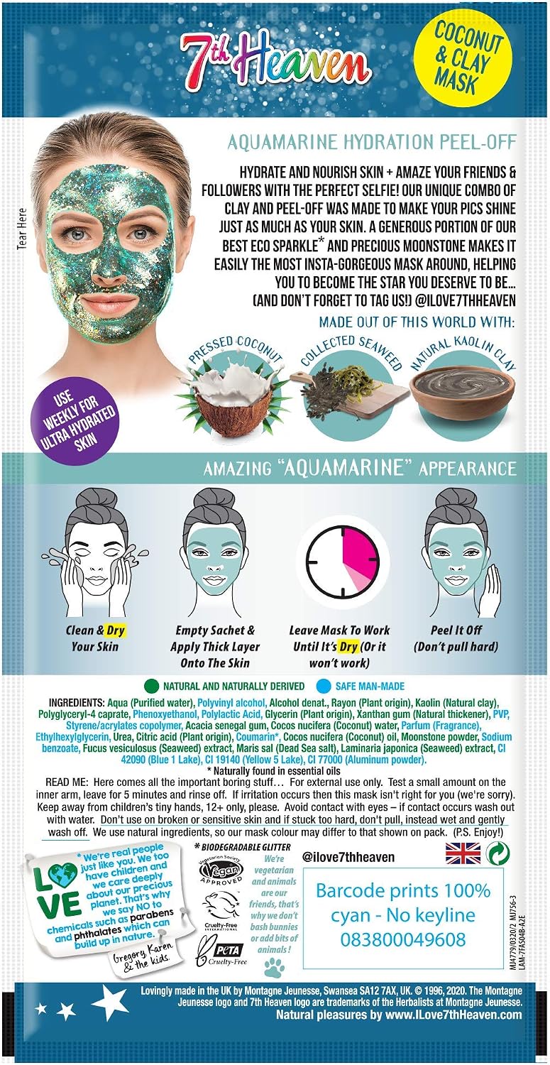 7th Heaven Stardust Heavenly Aquamarine Peel-Off Face Mask (Pack of 12) with Pressed Coconut to Deeply Hydrate and Nourish Skin - Image 4