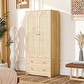 VINGLI Wardrobe Closet with Doors, Rattan Armoire Wardrobe Closet with Drawers &amp; Hanging Rod, Wooden Armoire for Hanging Clothes, Natural Oak, 68.9" H